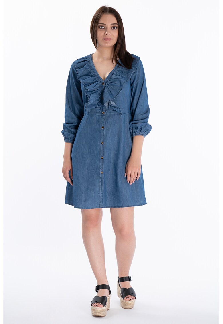 Rochie de denim cu decolteu in V si volane