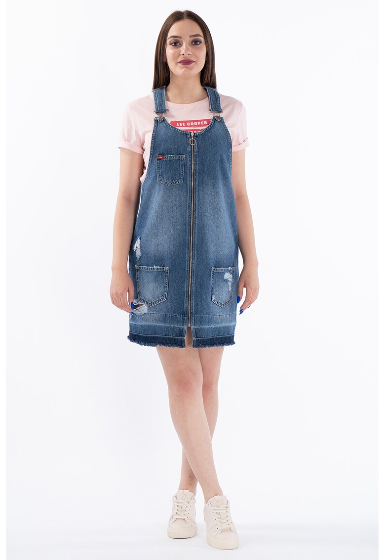 Sarafan de denim cu detalii cu aspect deteriorat