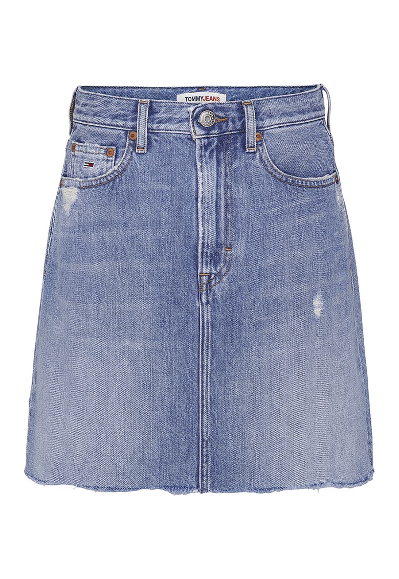 Fusta de denim cu croiala in A si terminatie nefinisata