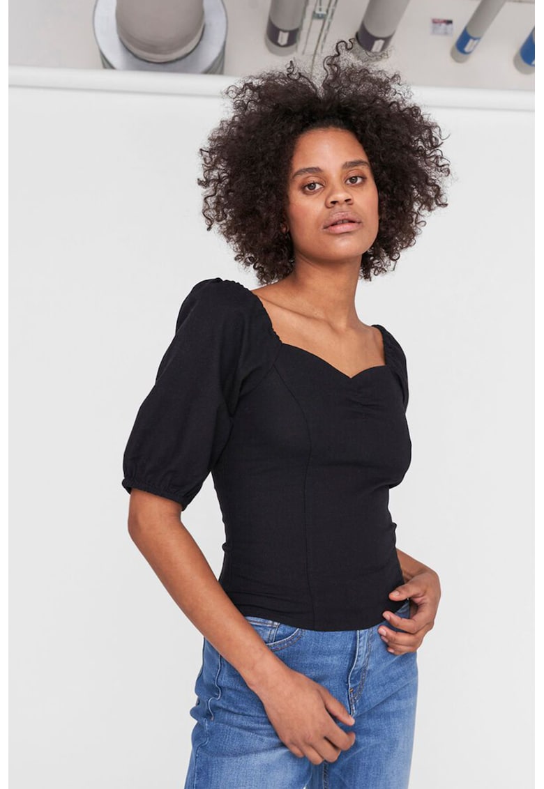 Bluza din amestec de in cu maneci bufante - Negru