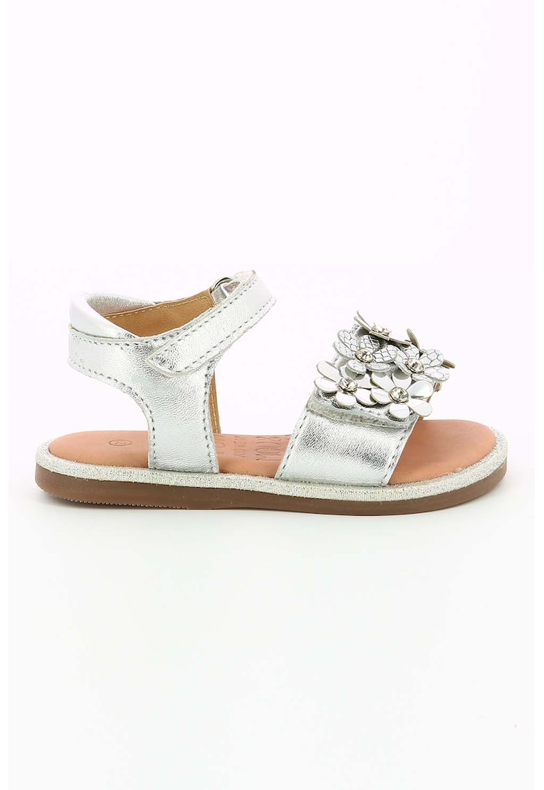 Sandale de piele cu velcro si detalii florale – Argintiu argintiu