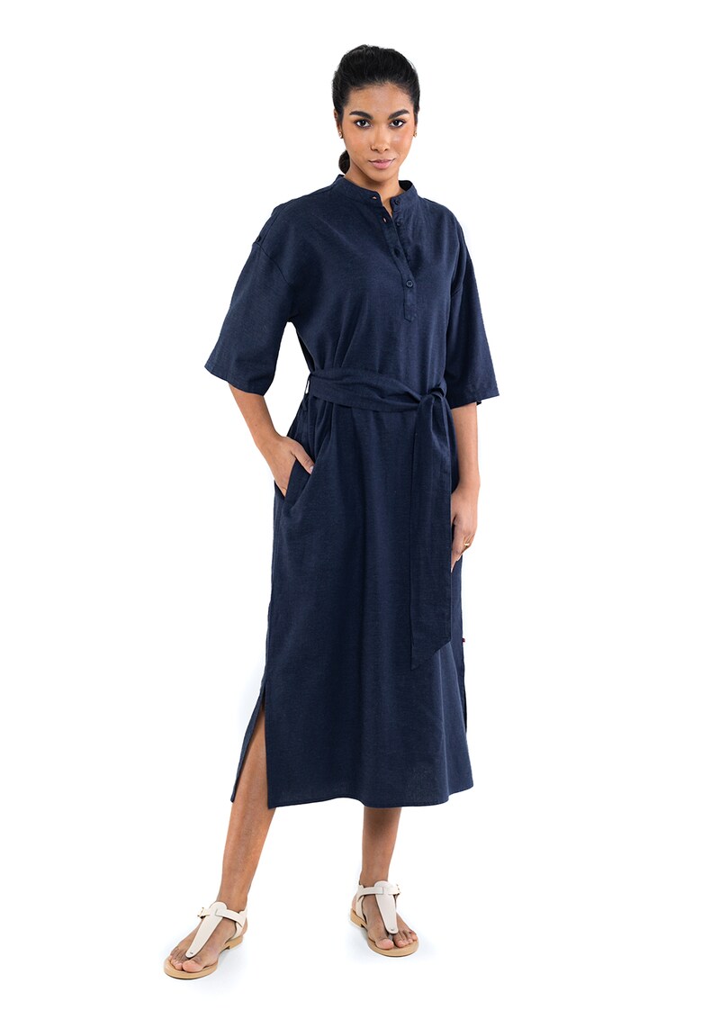 Rochie midi din amestec de in cu cordon in talie