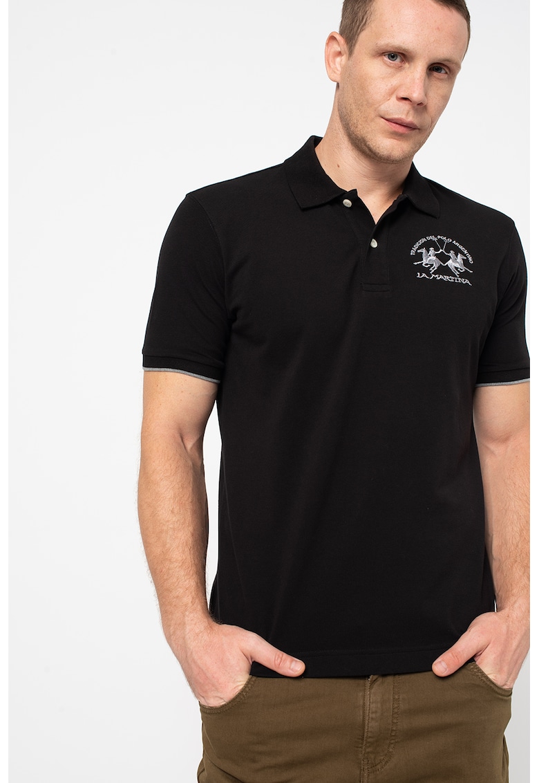 Tricou polo din material pique cu broderie logo - Negru/Gri
