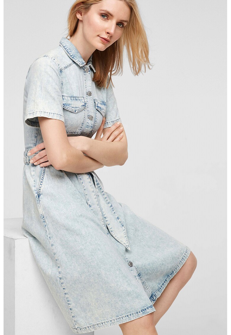 Rochie evazata din denim cu cordon in talie
