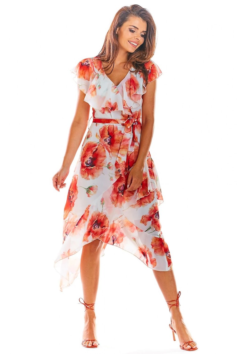 Rochie de vara - maneca scurta - model floral - Alb/Portocaliu