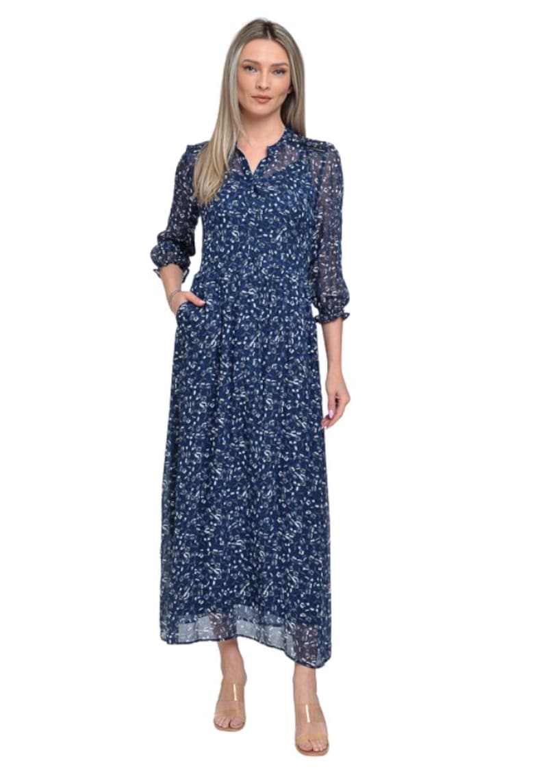 Rochie lunga - voal imprimat - Ligias - albastru - Albastru