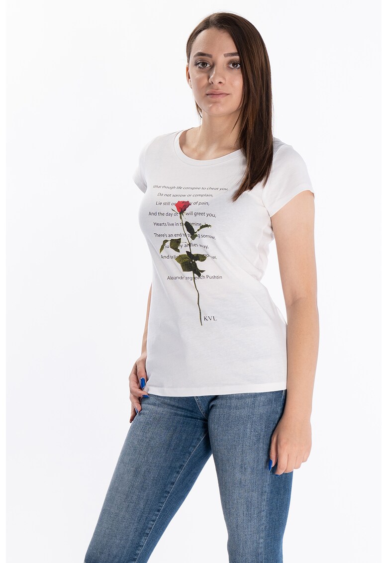 Tricou din bumbac cu imprimeu text si floral fashiondays imagine noua