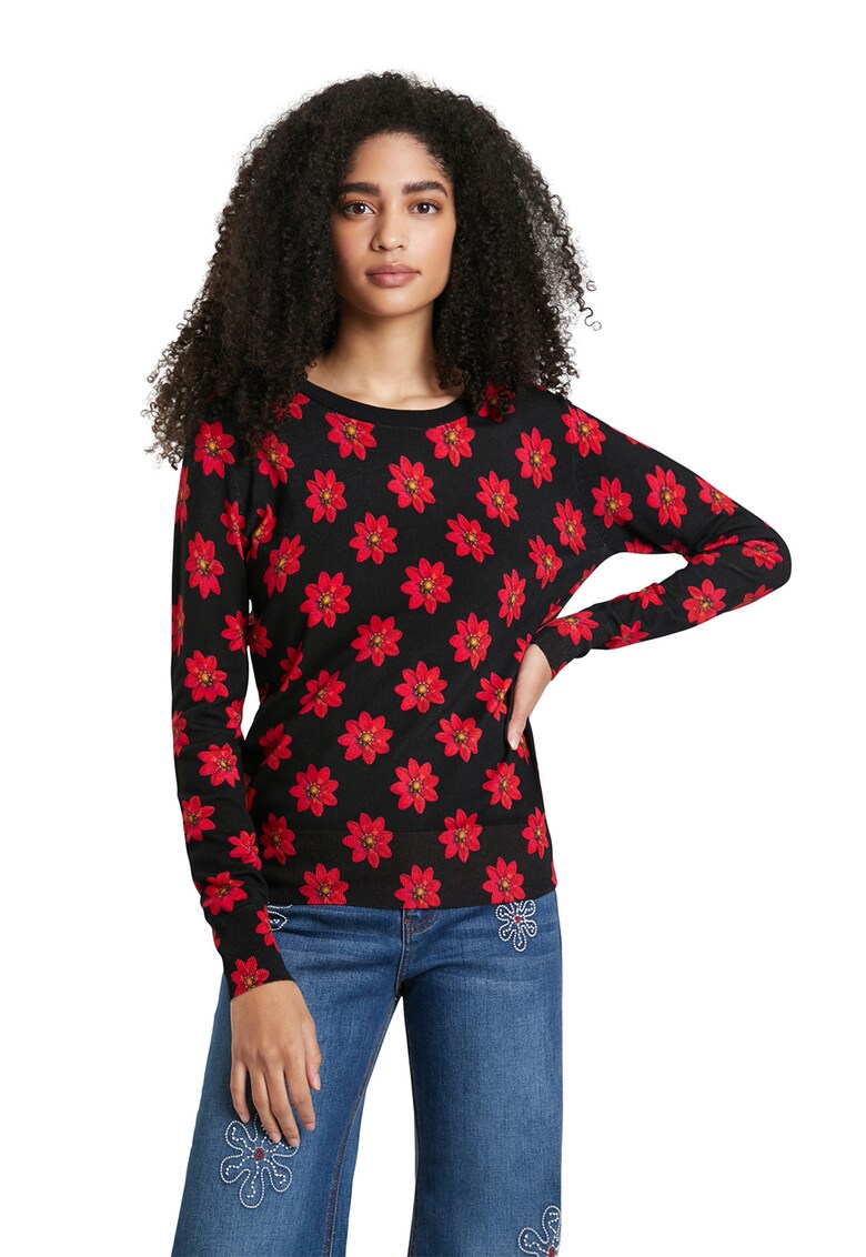 Pulover tricotat fin cu model floral
