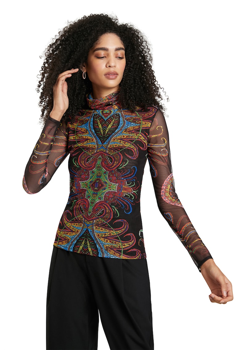 Bluza cu imprimeu si maneci semitransparente - Negru