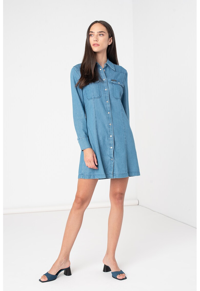 Rochie-camasa de denim cu buzunare aplicate