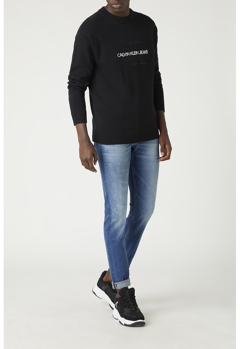 Pulover slim fit cu logo brodat - Negru