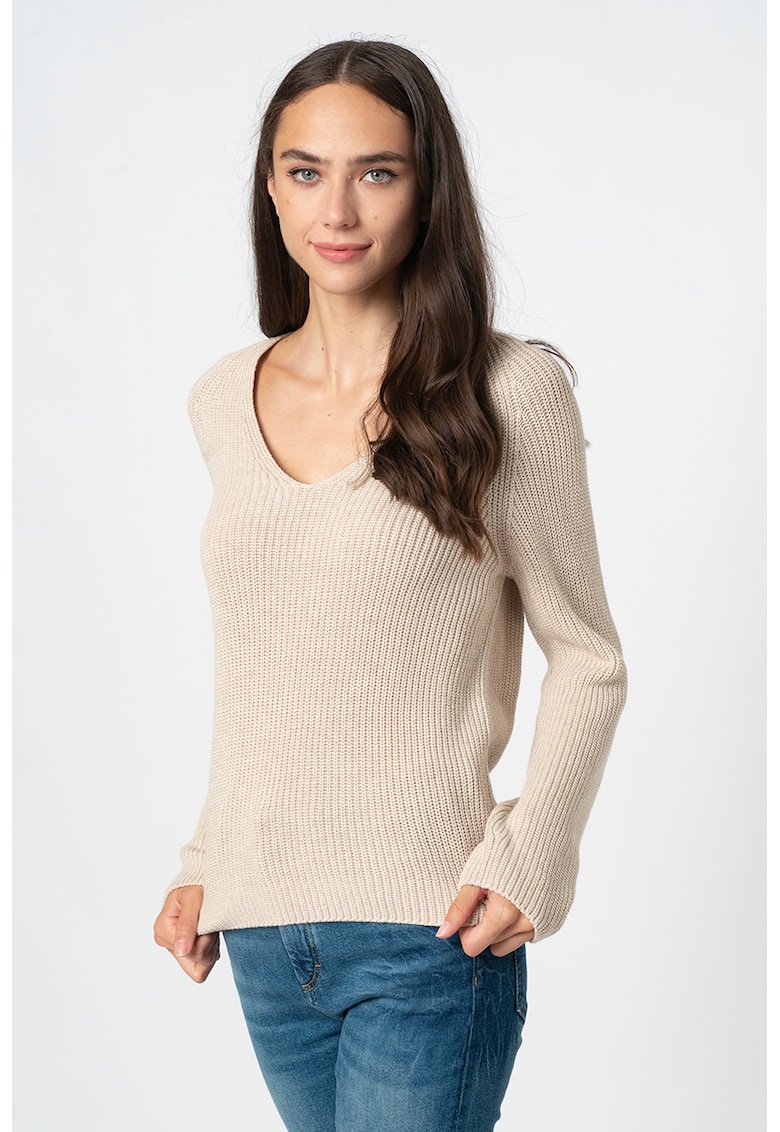 Pulover de bumbac organic cu decolteu en-coeur - Maro taupe deschis
