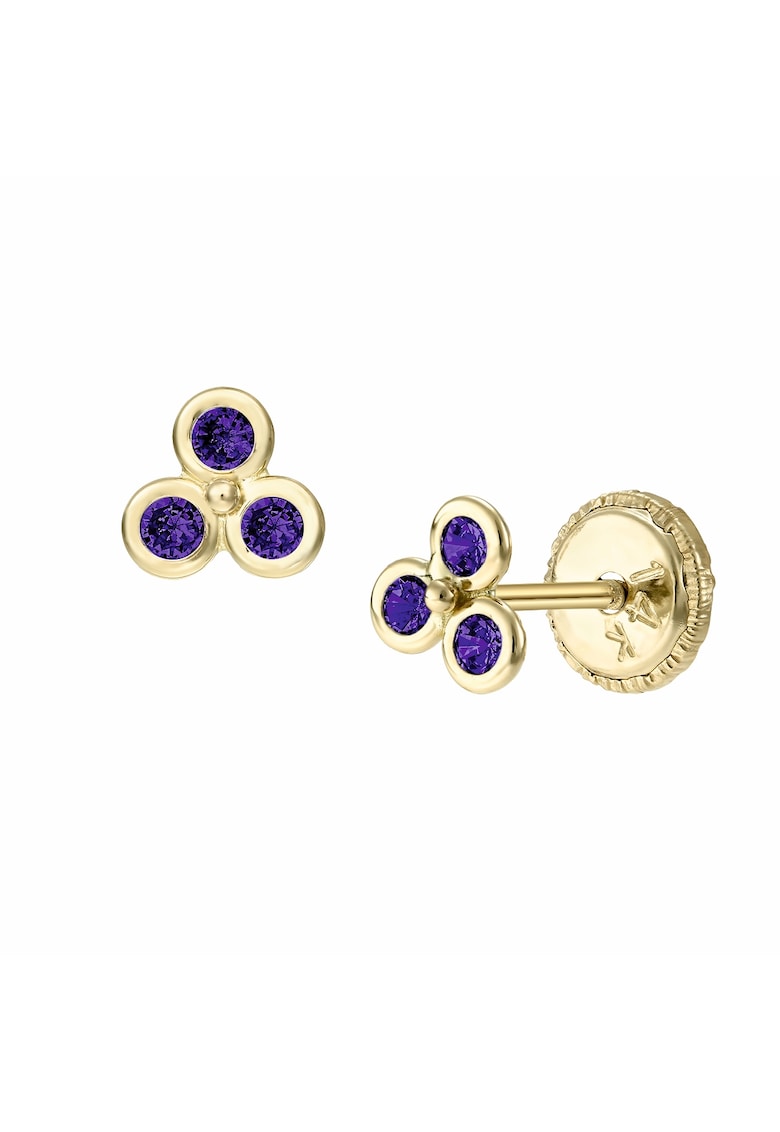 Cercei bebe - trei bobite mov din aur galben 14K