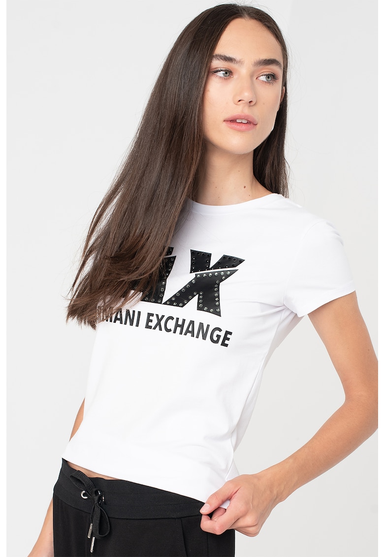 Tricou cu logo si strasuri Armani Exchange