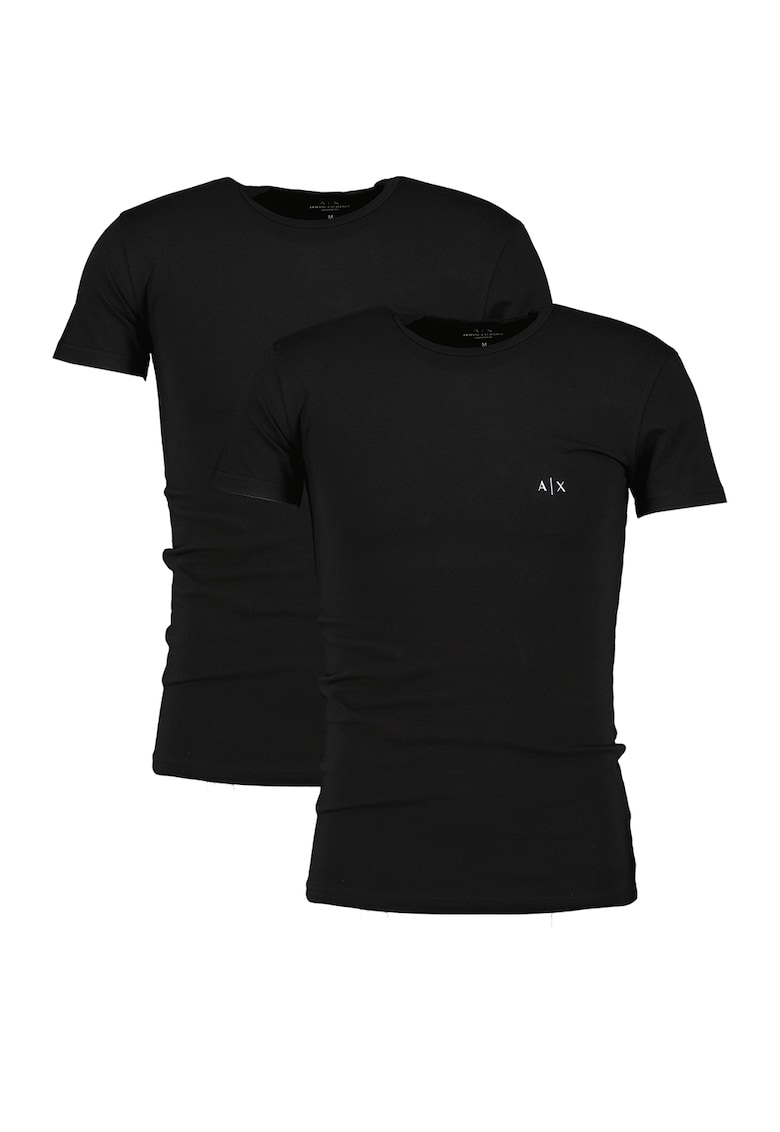 Set de tricouri cu decolteu rotund si logo - 2 piese - Negru