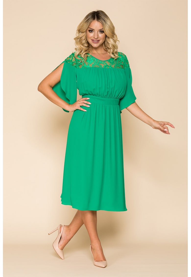 Rochie midi cu garnituri din dantela - Verde persan
