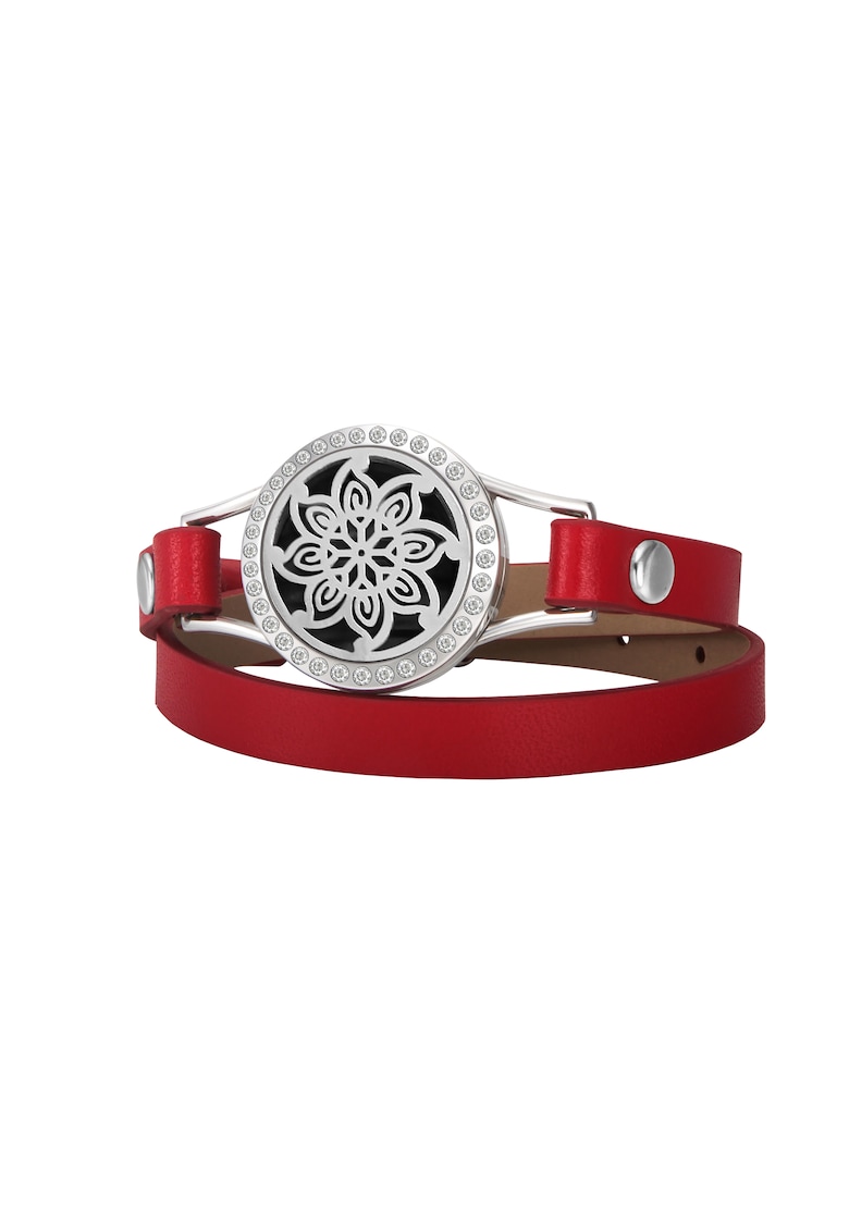 Bratara Aromaterapie - difuzor pentru uleiuri esentiale - cu model Mandala Flower Zircon - Curea din Piele Ecologica - Dubla - Rosu-Argintiu