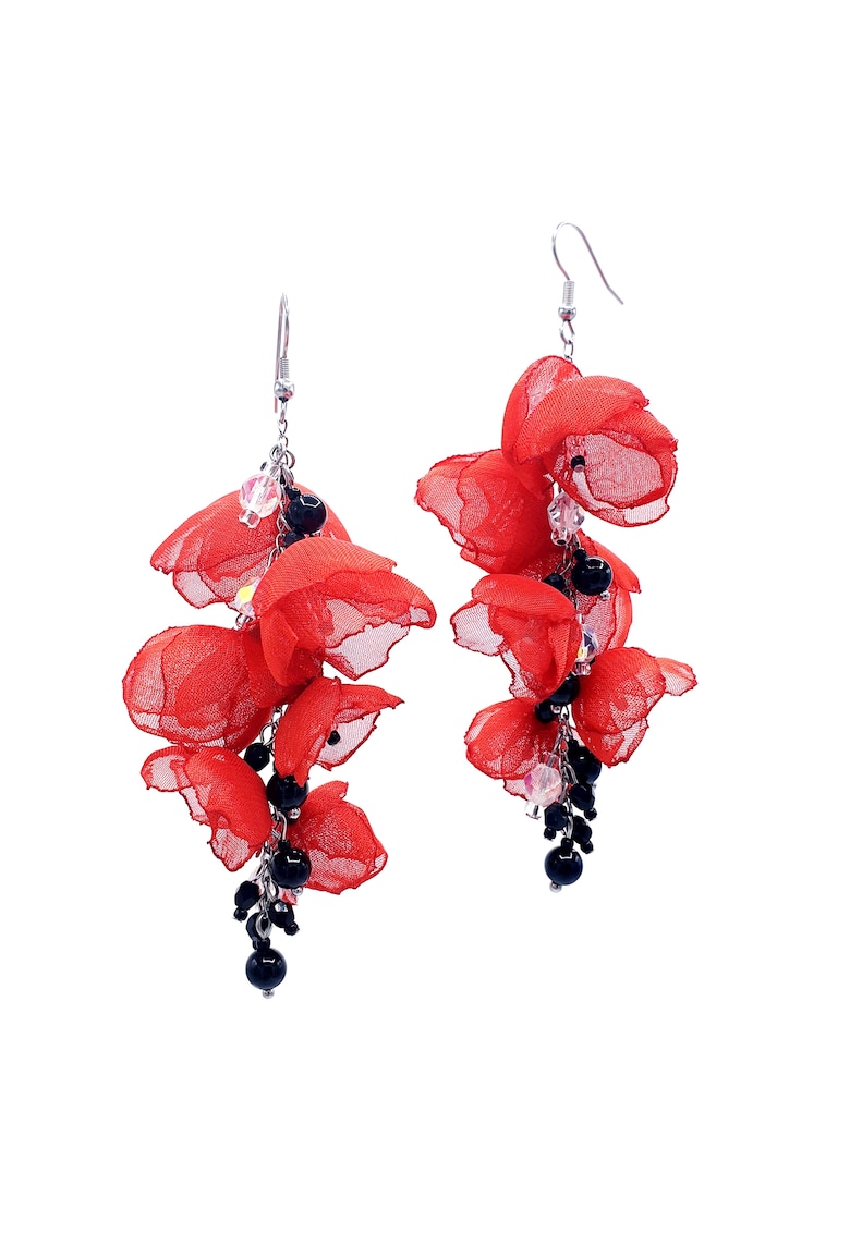 Cercei lungi statement - Zia Fashion - Latin love - flori rosii - pietre semipretioase si inox