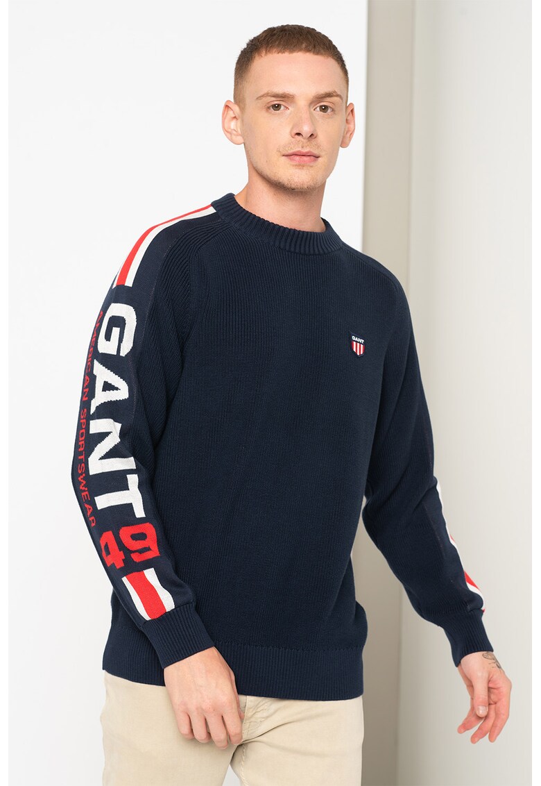 Pulover cu decolteu la baza gatului si logo supradimensionat