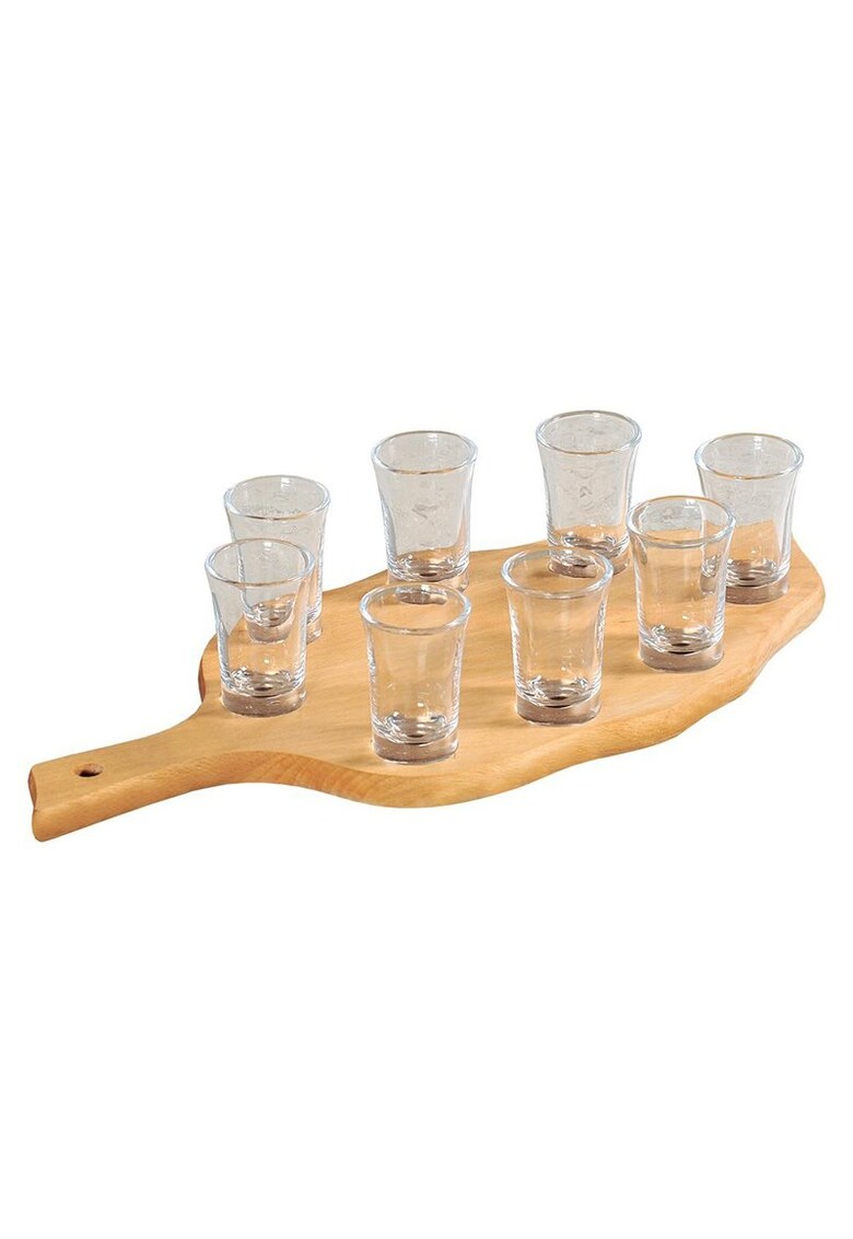 Set 8 pahare shot cu suport din sticla/lemn