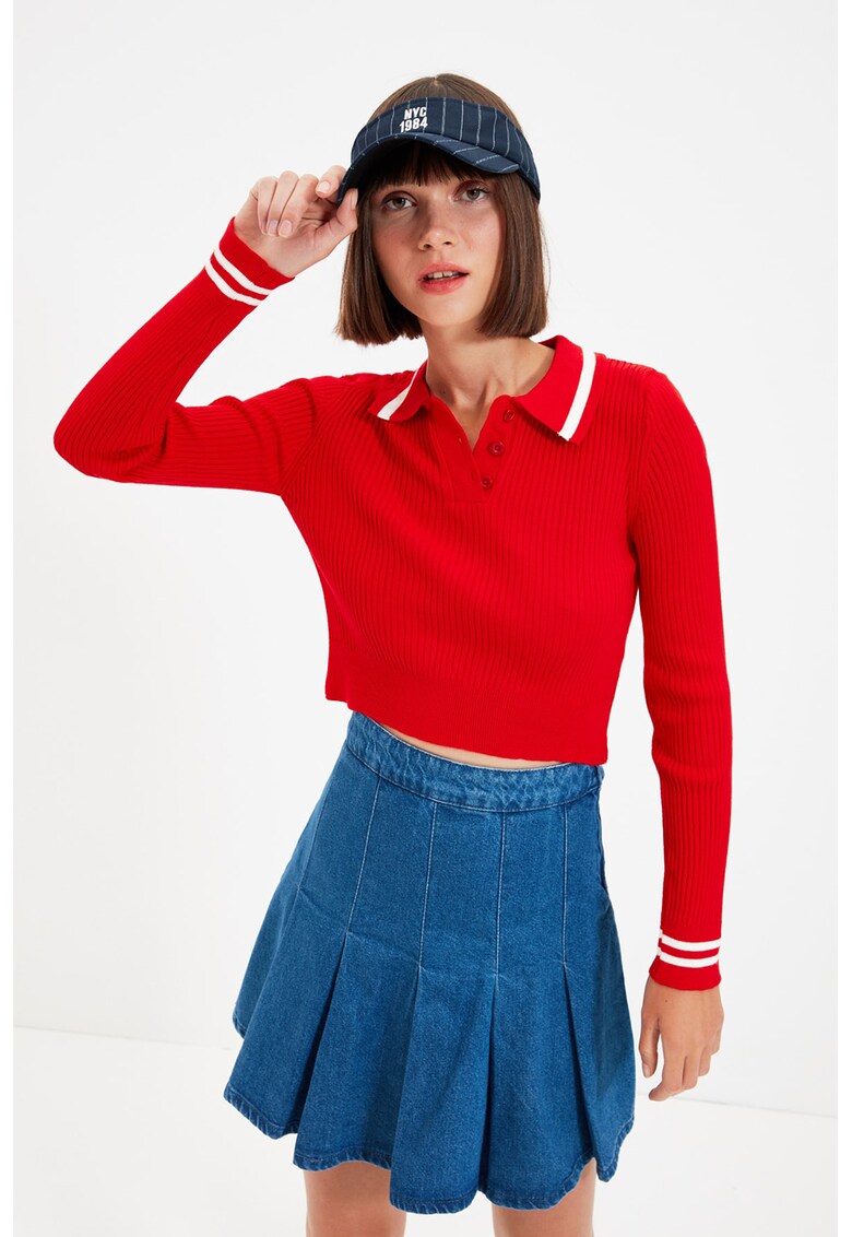 Bluza polo tricotata fin cu model crop fashiondays imagine noua