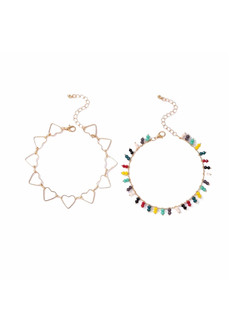 Set 2 bratari de picior - aurii - cu inimioare si margelute colorate - Albertha C2 -