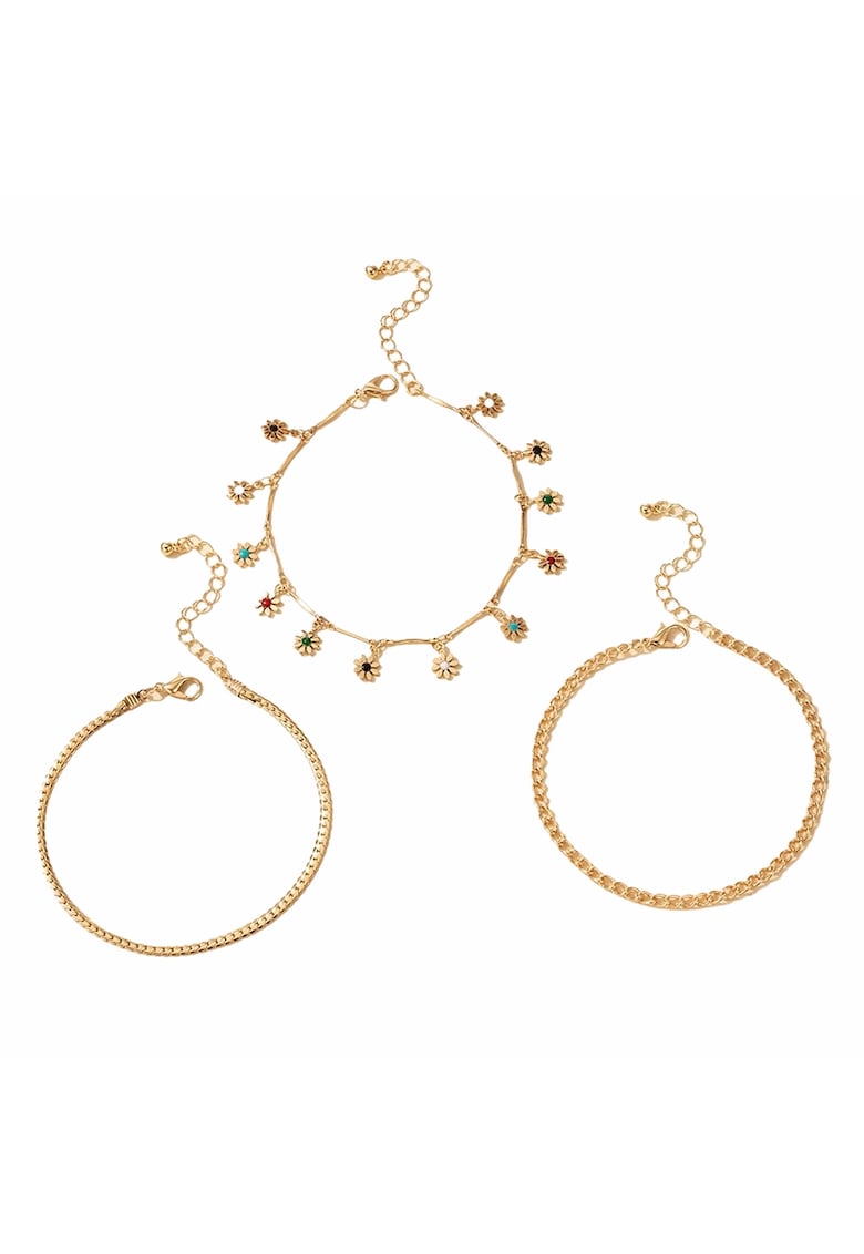 Set 3 bratari de picior - aurii - cu floricele si pietre colorate - Akim C1 -