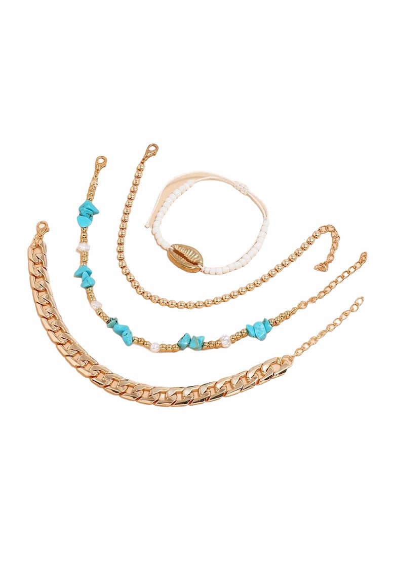 Set 4 bratari - de picior - aurii - cu pietre turquoise si scoica metalica - Birthe C8 -