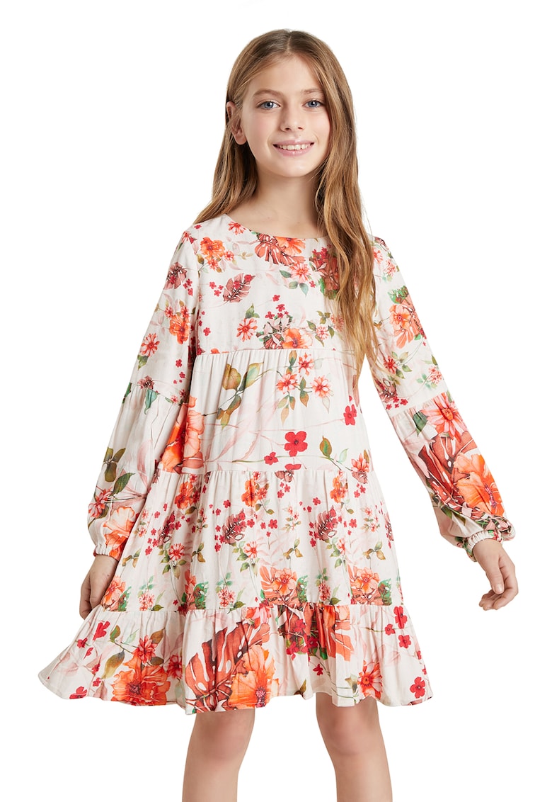 Rochie evazata cu model floral - Rosu/Alb