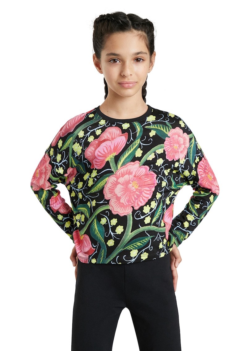 Bluza cu decolteu rotund si model floral - Verde/Negru/Roz