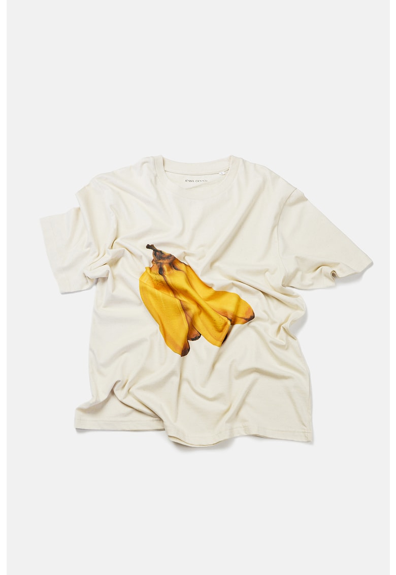Tricou de bumbac organic cu imprimeu cu fructe si decolteu la baza gatului