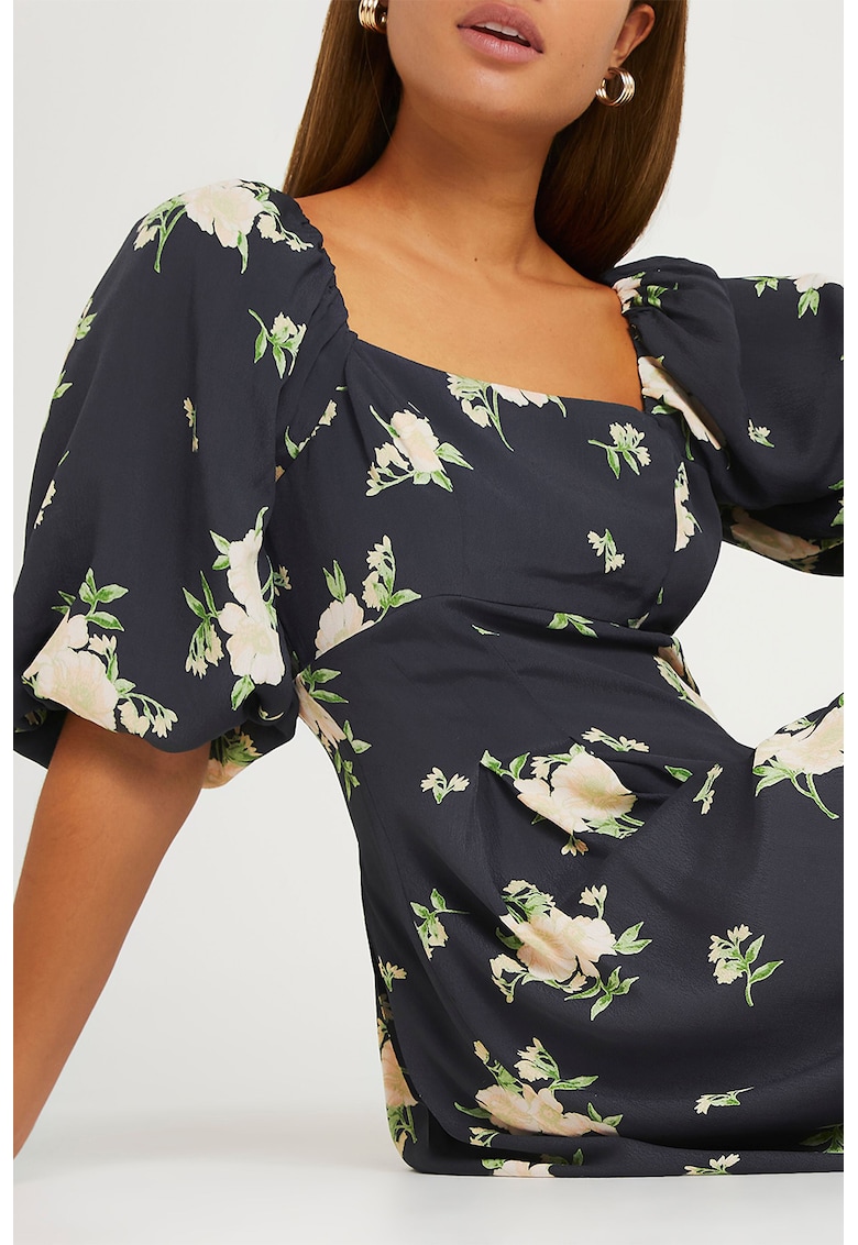 Rochie midi cu maneci bufante si imprimeu floral