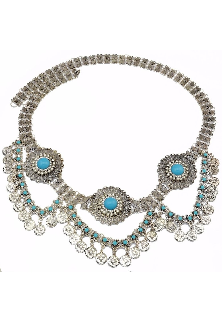 Lant de corp - argintiu - cu pietre turquoise si banuti - Emly C11 -