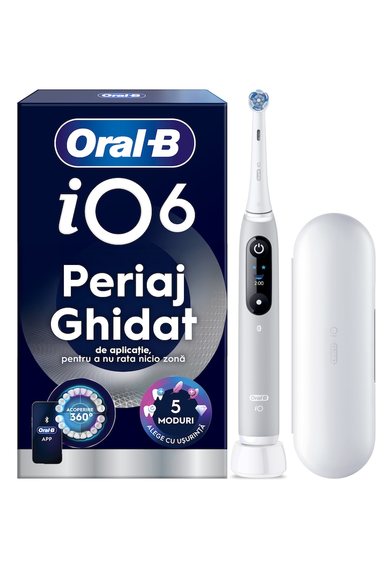 Periuta de dinti electrica iO6 cu Tehnologie Magnetica si Micro-Vibratii - Inteligenta artificiala - Display led interactiv - Senzor de presiune Smart - Timer vizibil - 5 moduri - 1 capat - Trusa de calatorie - Gri