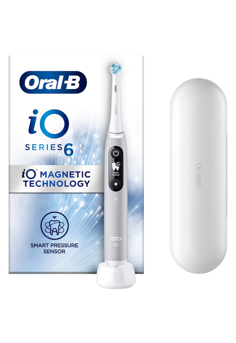 Periuta de dinti electrica iO6 cu Tehnologie Magnetica si Micro-Vibratii - Inteligenta artificiala - Display led interactiv - Senzor de presiune Smart - Timer vizibil - 5 moduri - 1 capat - Trusa de calatorie - Gri