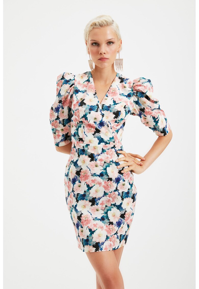Rochie mini cu imprimeu floral si maneci bufante