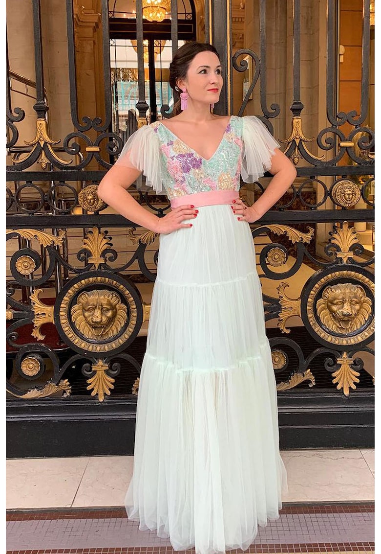 Rochie maxi cu decolteu in V si broderie in partea de sus Medeea - Violet/Verde pal/Roz pal