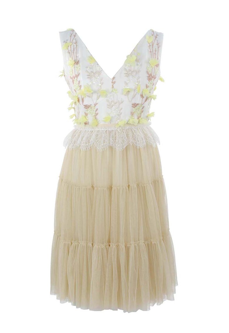 Rochie cu decolteu in V si broderie florala - Alb/Galben pal/Maro camel