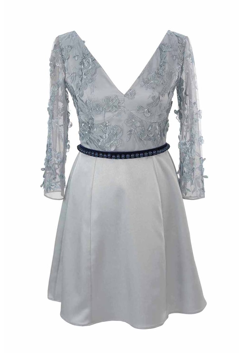 Rochie cu decolteu in V si aplicatii florale - Gri cenusiu/Gri carbune