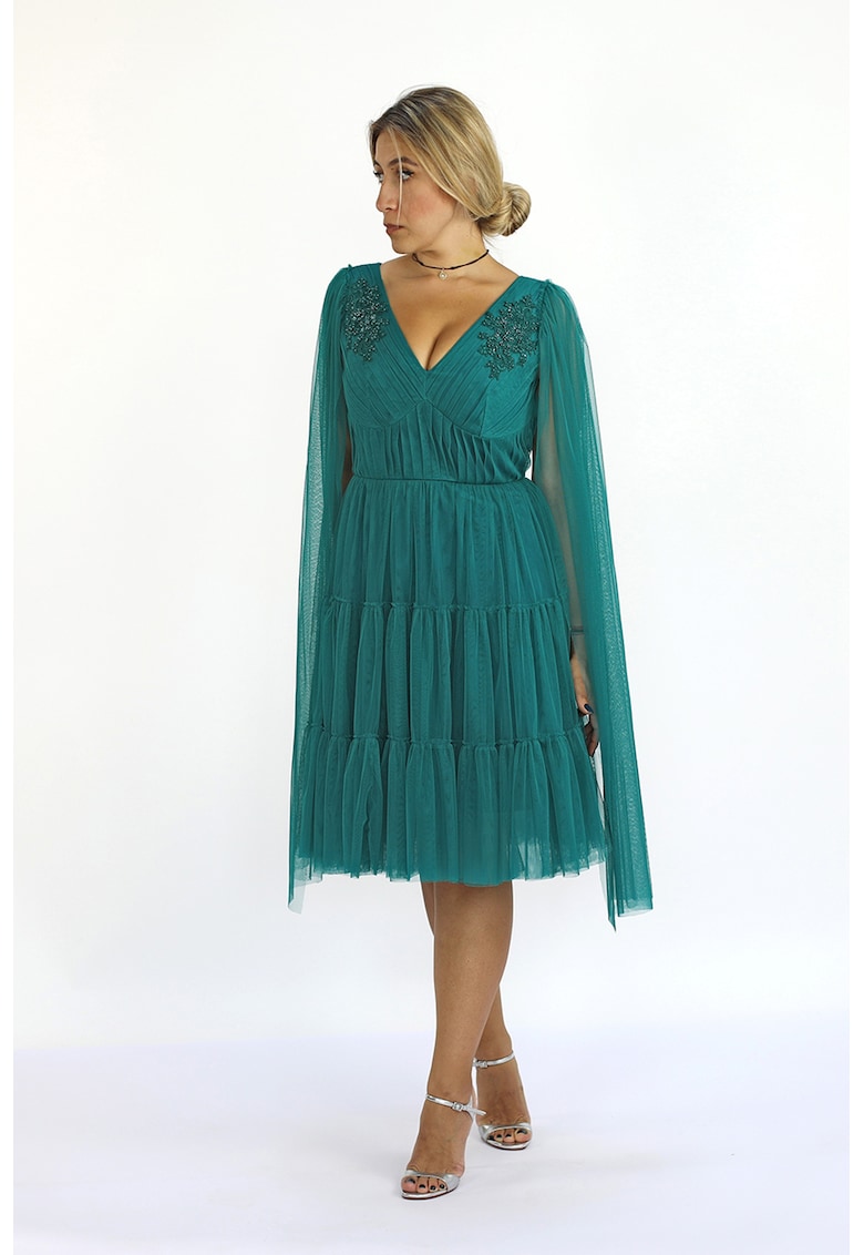 Rochie evazata cu decolteu in V si aplicatii - Verde persan