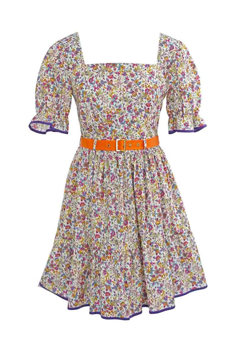 Rochie evazata cu decolteu patrat si imprimeu - Alb/Roz zmeuriu/Albastru deschis