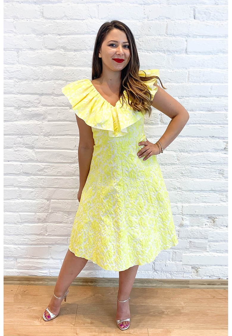 Rochie midi cu decolteu in V - Alb/Galben