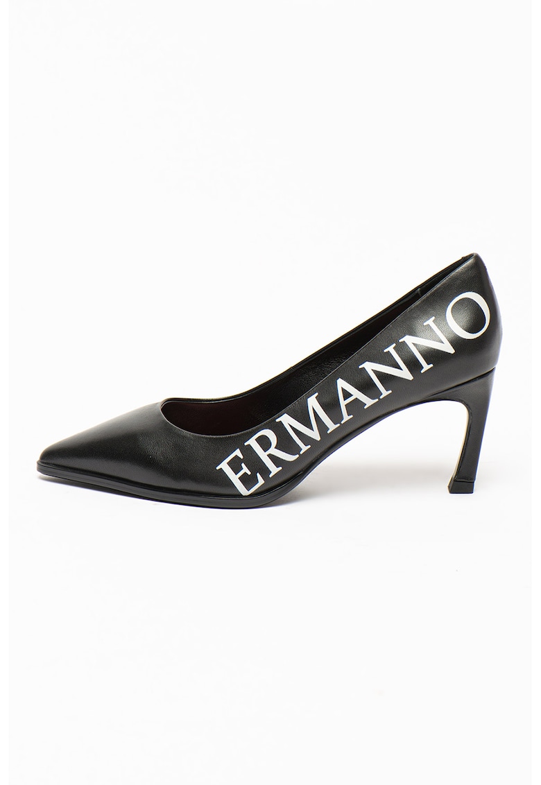 Pantofi de piele cu varf ascutit si imprimeu logo contrastant Ermanno Scervino imagine noua