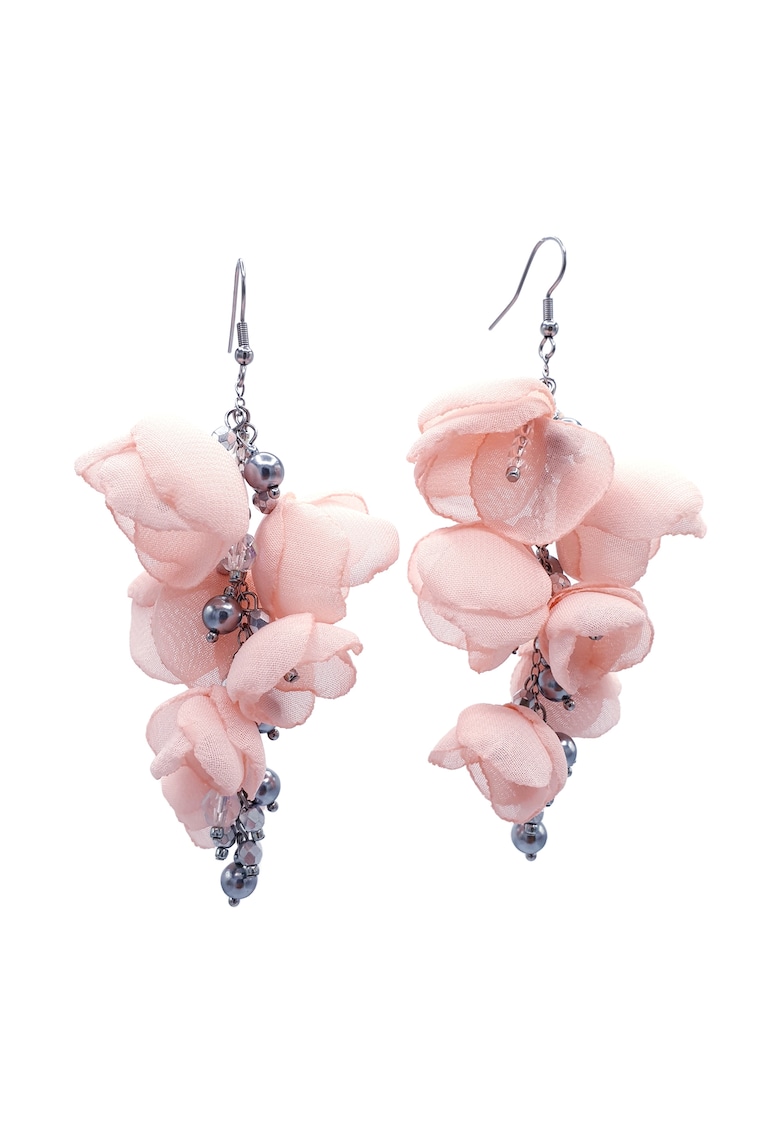 Cercei lungi statement - Zia Fashion - flori din voal - perle Mallorca si inox - handmade