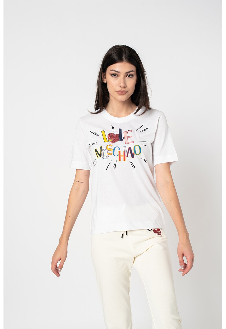 Tricou cu imprimeu logo si decolteu la baza gatului - Rosu/Alb