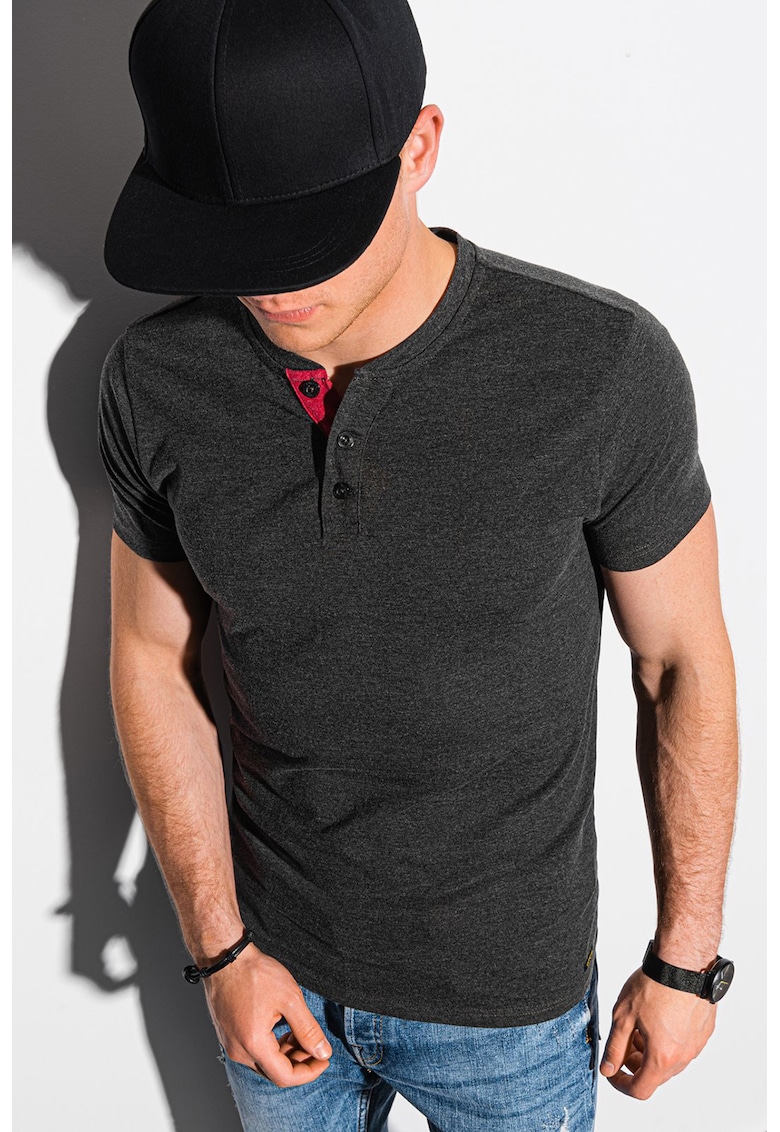 Tricou cu fenta cu nasturi - Negru stins