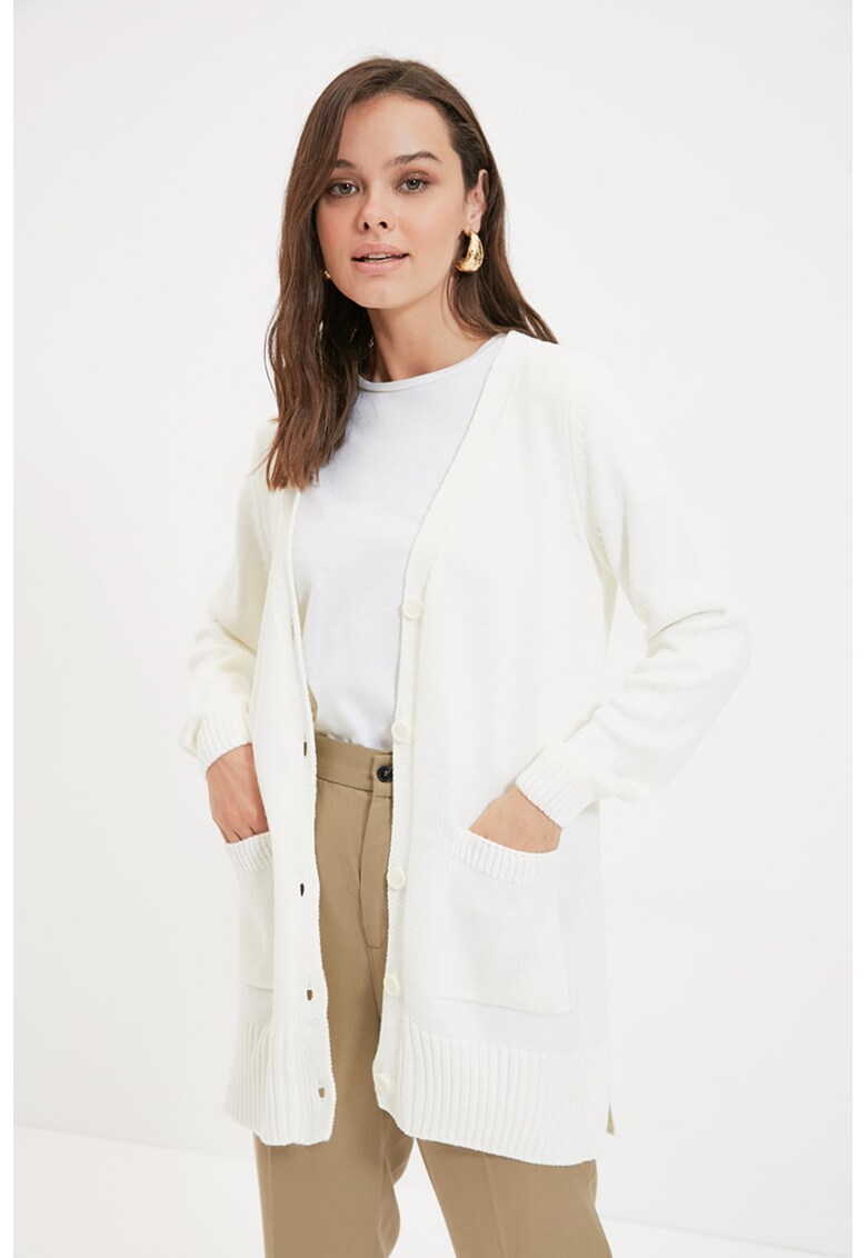 Cardigan lung tricotat fin cu buzunare aplicate