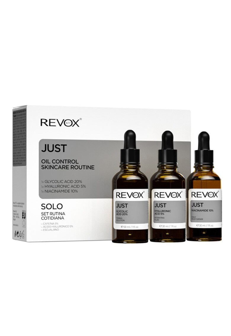 Set ingrijire ten Just Oil Control Skincare Routine - contine: Serum Acid glicolic 20 % - 30 ml + Serum Acid hialuronic 5 % - 30 ml + Serum Niacinamide 10 % - 30 ml