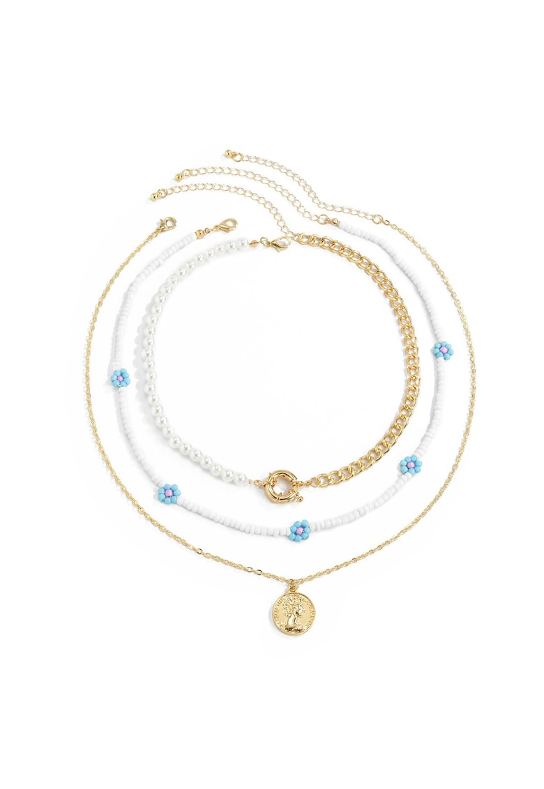 Set 3 coliere - aurii - cu perle si floricele albastre - Kamma C5 -