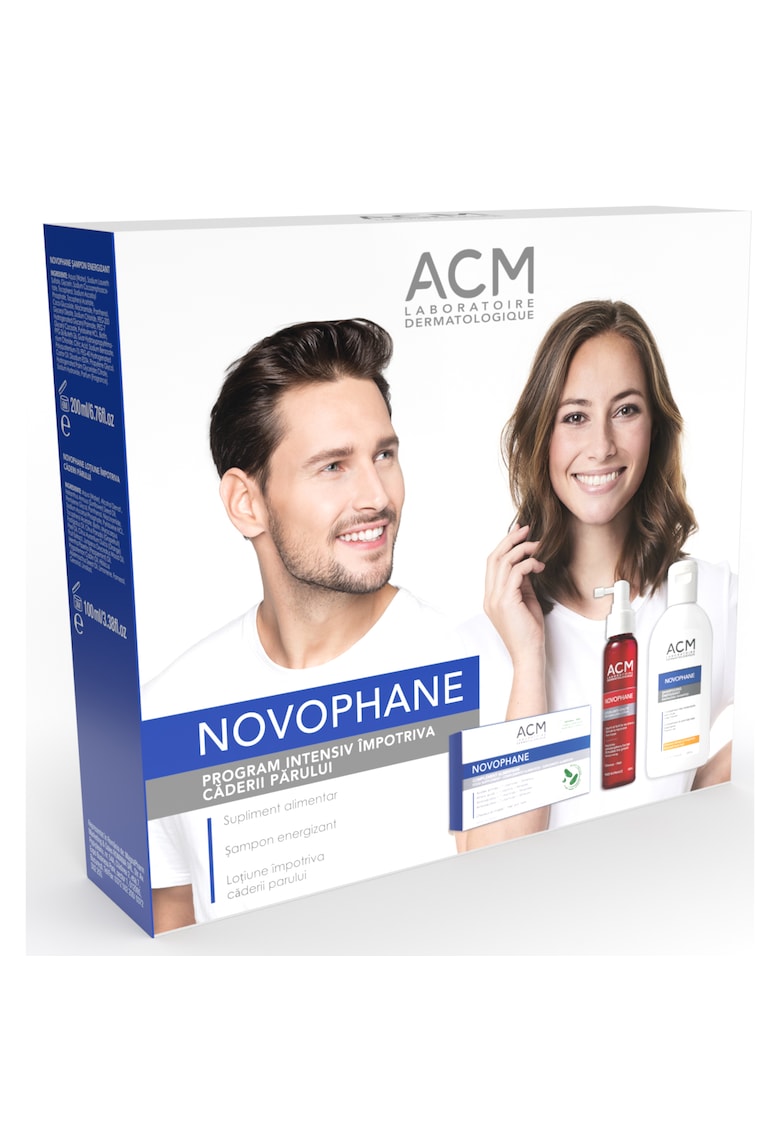 Pachet ACM Novophane: Lotiune impotriva caderii parului - 100 ml + Sampon energizant - 200 ml + Tratament pentru par si unghii - 60 cps